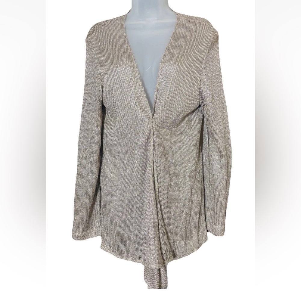 Chicos 2 Womens Large Gold Metallic Knit Cardigan Duster Open Front Long Sleeve
